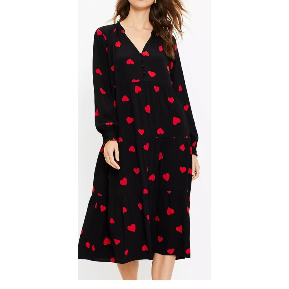 LOFT WOMENS ALL OVER PRINT RED HEART TIERED MIDI DRESS WHIMSY NOVELTY